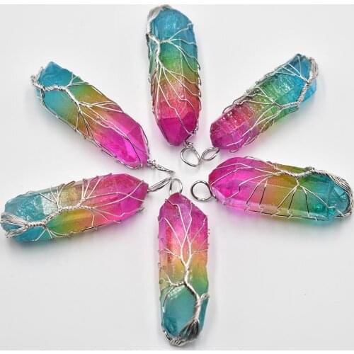 7 Chakra Crystal Natural/Rainbow Stone Quartz tree of life Pendant Necklace Reiki Healing Chakra Jewelry Wholesale 6Pcs/Lot free