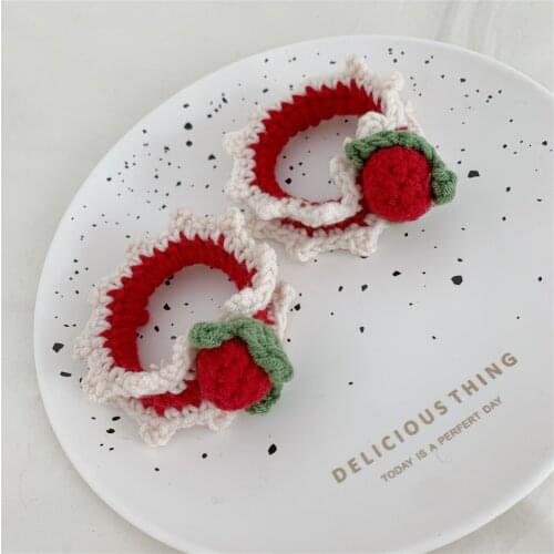 Strawberry Cute Wavy Wool Hand-woven Hair Rope Hair Clips For Girls Big Hair Elastic Bow Headband Vintage Jewelry Style Fashion
