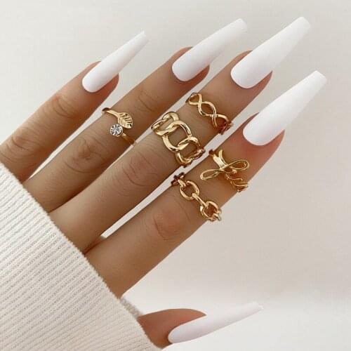 Vintage Gold Crystal Leaf Geometric Rings Set Fashion Letter Rings for Women Party Jewelry Accessories