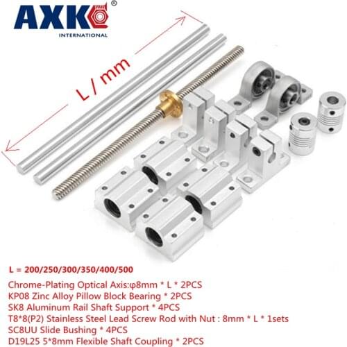 AXK Sliding Rail Set 8mm 15pcs 200-500mm Optical Axis Guide Bearing Housings Linear Rail Shaft Support Screws for Engraving Lift
