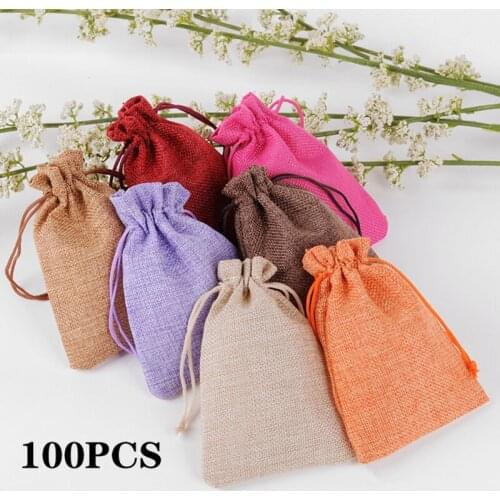Wholesale 100PCS/Drawstring linen bag, jute bag, wedding supplies, birthday party, candy gift packaging bag, jewelry storage bag