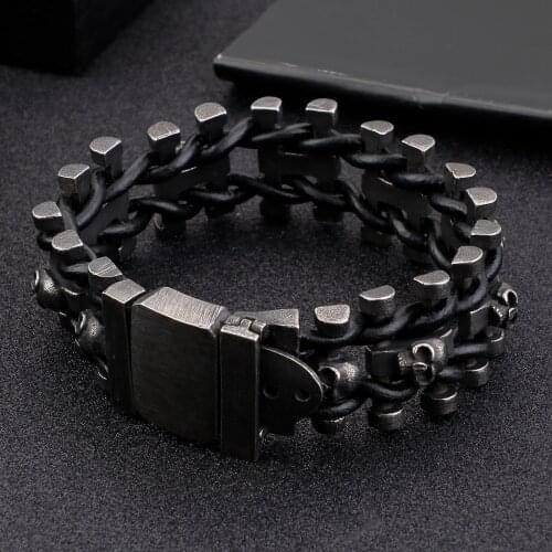 Punk Link Chain Stainless Steel Boiled Black Skeleton Leather Woven Mens Bracelet Jewelry Accessories