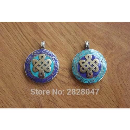 PN914 Ethnic Tibetan Brass Inlaid Lapis Stone Lucky Knot Amulet Pendant Handmade Nepalese 32mm Round Pendant