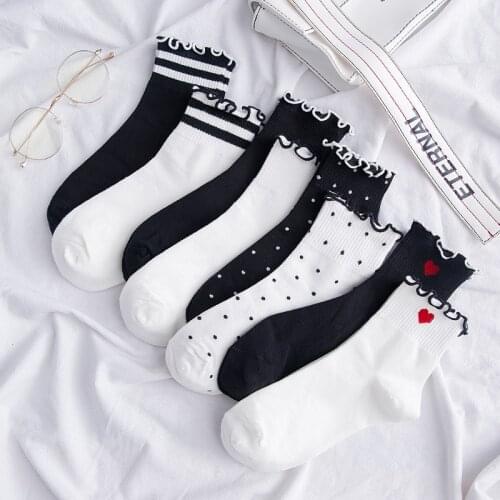 Clearance Sale Ruffles Socks Fashion Solid Black White Heart Striped Polka Dot Woman Socks Harajuku Japanese Kawaii Cute Socks