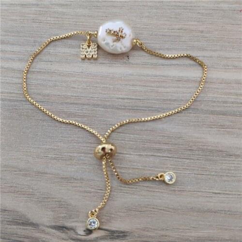Religious tiny cz pave cross initial 26 alphabet letter name charm freshwater pearl bead gold link bracelet for women