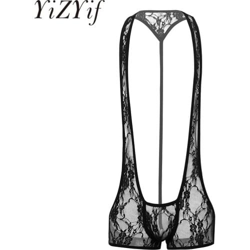 Mens Sexy Bodysuit See Through Sheer Lace Leotard Bodysuit Wrestling Singlet Men Erotic Underwear Sexy Party Club Costumes