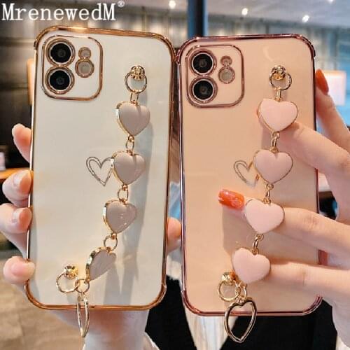 MrenewedM 12 Pro Max Luxury Plating Bracelet Phone Case For iPhone 11 X XR XS 7 8 Plus SE2 Love Heart Wrist Chain Silicone Cover