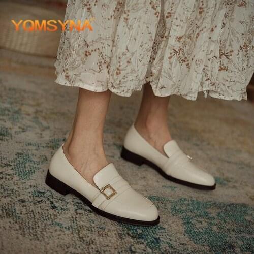 YQMSY Comfortable Womens Flats Handmade Genuine Leather Round Toe Buckle Slip-On Flats Casual Office Commute Ladies Shoes AS37