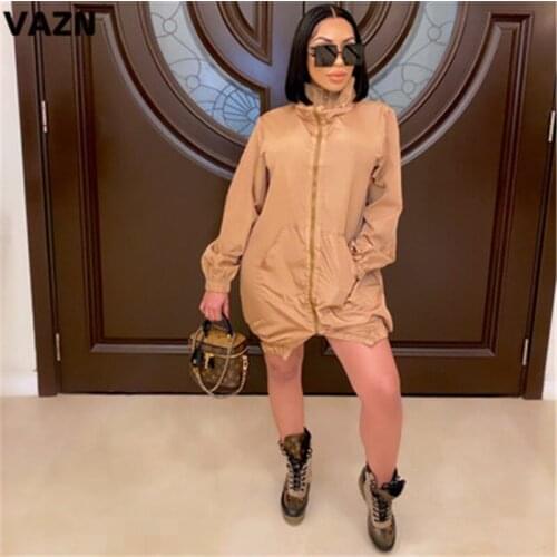 VAZN New Loose Pleated Chic Ladies Slim Elegant Night Club Sexy Slim Young Dress 2020 Full Sleeve Solid Dress