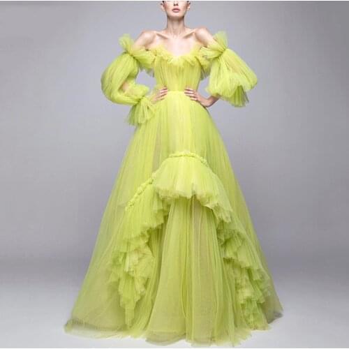 High Fashion Light Green A-line Tulle Party Dresses Off The Shoulder Puff Full Sleeves Long Prom Gowns Birthday Wedding