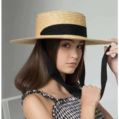 WeMe Boater Fashion Simple Bind Straw Flat Hat Outdoor Shade Sunscreen Beach Hat