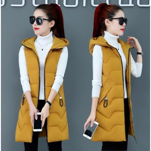 Women Long vest coat women Casual thick warm Autumn hooded sleeveless waistcoat female cotton padded jacket plus size S-3XL