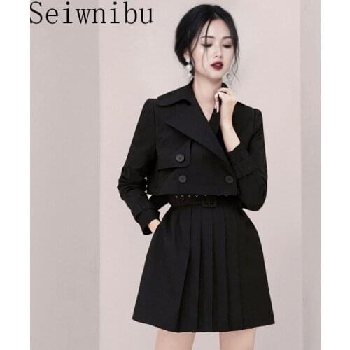 Two Pieces Sets Women Buttoned Up OL Jacket And Belted Mini Pleated Skirts Cottons Sets Female Women Siuts Sets 2020 Summer