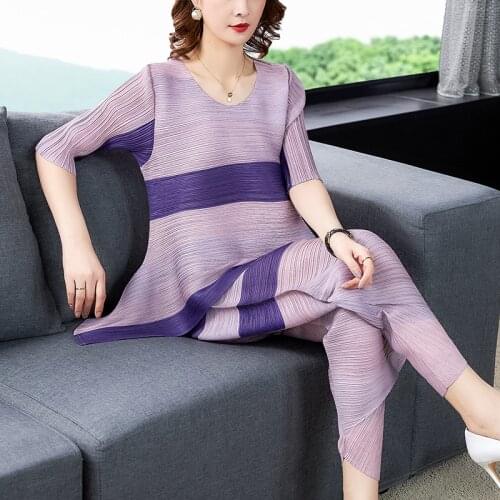 2021 New arrival Miyak pleated top + pants women 2-piece suit Summer perfect stitching elegant comfortable loose pleats suit