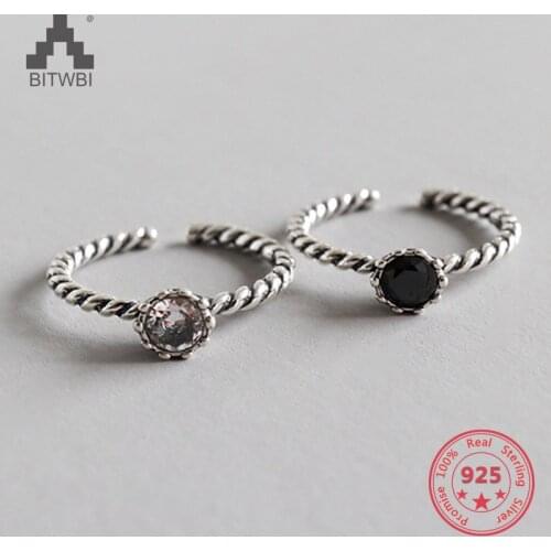 Real 925 Sterling Silver Black Zircon/White Crystal Rings for Women Adjustable Wedding Ring Fashion Girls Gift