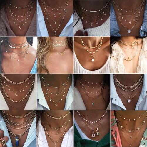 Boho New Geometry Vintage Fashion Multilevel Necklaces For Women Crystal Heart Star Sun Moon Pendant Necklace Female Jewelry