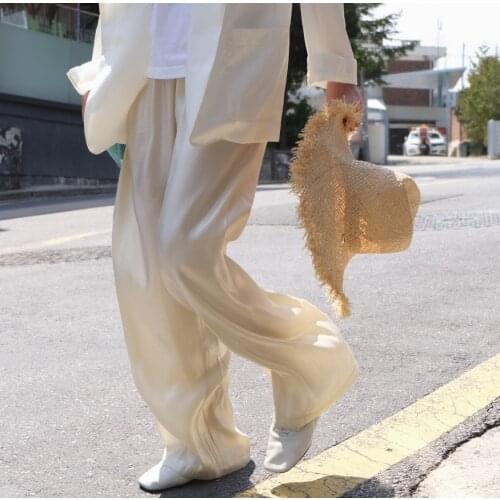 2020 Summer Casual Satin Loose Style Long High Waist Straight Women Wide Leg Pants Female Trousers