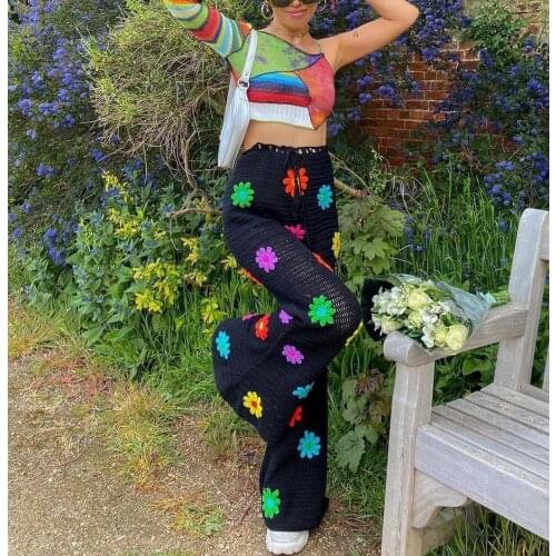 2021 Fashion Summer Womens Floral Crochet Long Pants Fashion Women Girls High Street Loose Pants Flower Knitted Hollow Pants
