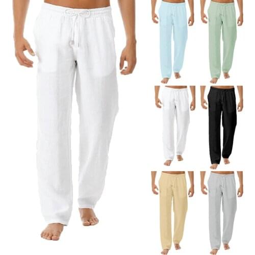 Summer Casual Cotton Linen Trousers Mens Elastic Waist Straight Pants Natural Breathable Loose White Linen Female Pants