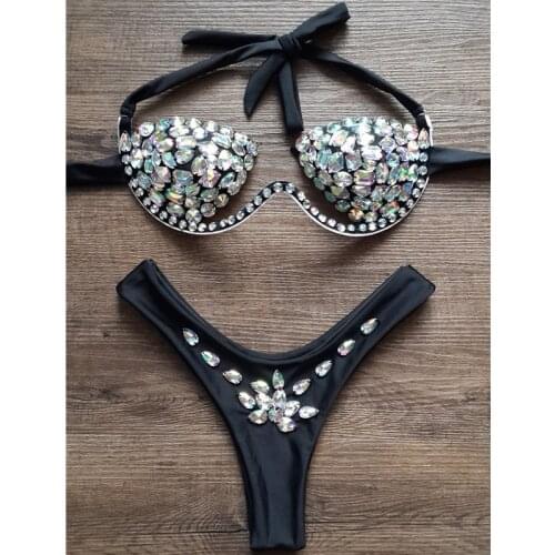 Black Halter Bandage Rhinestones Bikini Pole Dancing Costume DJ Dancer Women Nightclub Bar Sexy Stage Costume Party Show Outfit