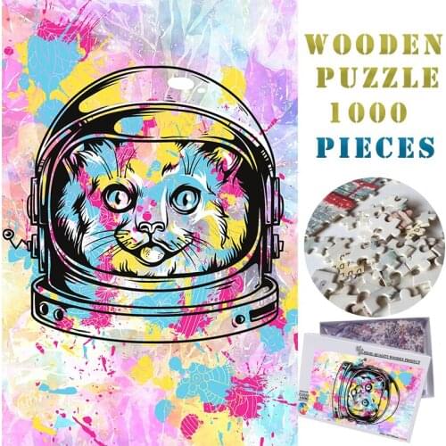 MOMEMO Color Cat Astronaut Wooden Jigsaw Puzzles Creative Animal Picture Adults Puzzle 1000 Pieces Jigsaw Toy 1000 Pieces Puzzle