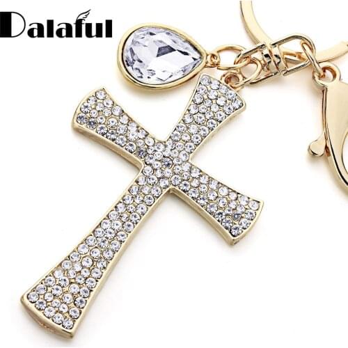 Dalaful Full Crystal Cross Keyrings Keychains Lucky Teardrop Purse Bag Pendant for Women Key Chains Holder Rings For Car K365