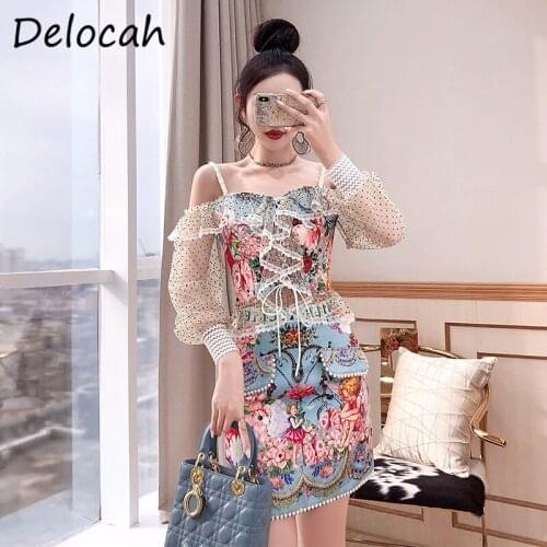 Delocah 2021 Summer Women Fashion Runway Skirts Set Lace Ruffles Print Cami Tops + High Waist Mini Skirts Two Pieces Suits