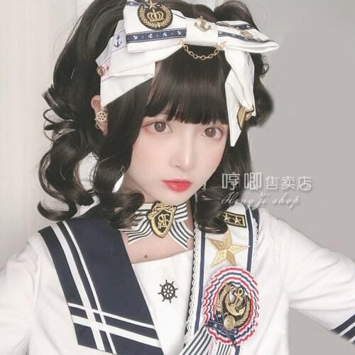 Heng Ji Lolita Harajuku the Red Cap Japanese Double Ponytail Long Curly Hair Female Lolita round Face Wig Lolita wig
