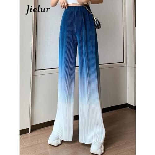 Jielur Gradient Color High-waist Straight Pants Women Summer Thin Wide-leg Pant Female Loose Casual Black Blue Trouses S-XL 2021