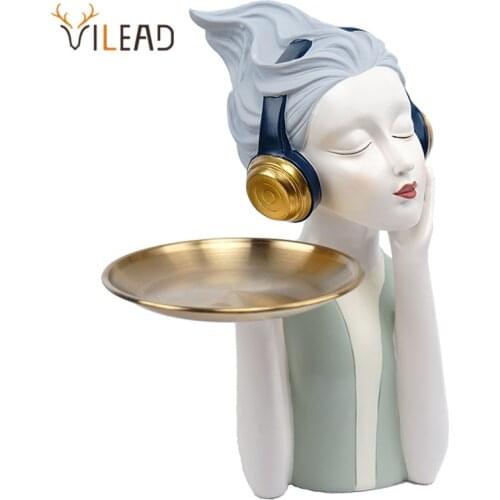 VILEAD Resin Headphones Cute Girl Statue Fairy Storage Tray Figurines Living Room Bedroom Desktop Decoration Nordic Home Decor