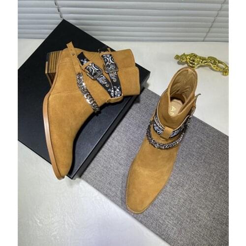 Brown Suede Bandana Buckle Boots Western Cowboy Chelsea Boots Fashion Show Shoes