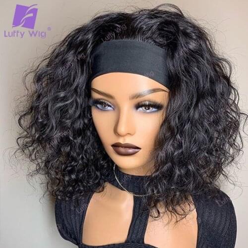 Short Curly Bob HeadBand Wig Brazilian Remy Human Hair Machine Made Scarf Wigs Glueless 180Density For Black Women Luffywig
