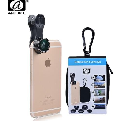 APEXEL 5in 1 Lens Kit Fish Eye Wide Angle Macro Telephoto 2X CPL Clip phone lens for iPhone 6 7 xiaomi mobile phones DG5