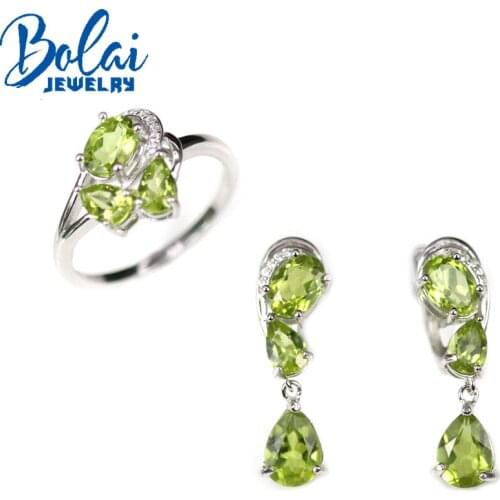 Bolai,925 sterling silver natural peridot earrings and ring set, suitable for festival daily wear exquisite temperament jewelry