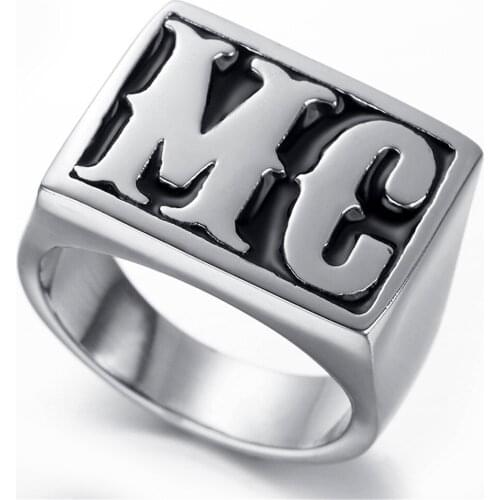 Punk Black Silver color Tone Carved Letter MC Signet Rock N Roll Mens Boys 316L Stainless Steel Ring