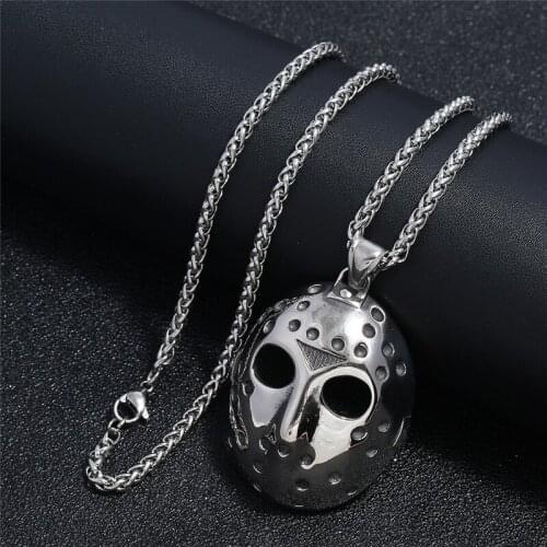 Punk Friday the 13th Jasons Mask Horror Mens 316L Stainless Steel Pendant Necklace with Chain 24inch Men Jewelry