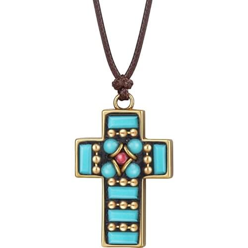 Religious Nepal Beads Necklace Copper Cross Pendant Necklaces for Men Unisex Adjustable Leather Rope Chains Prayer Jewelry