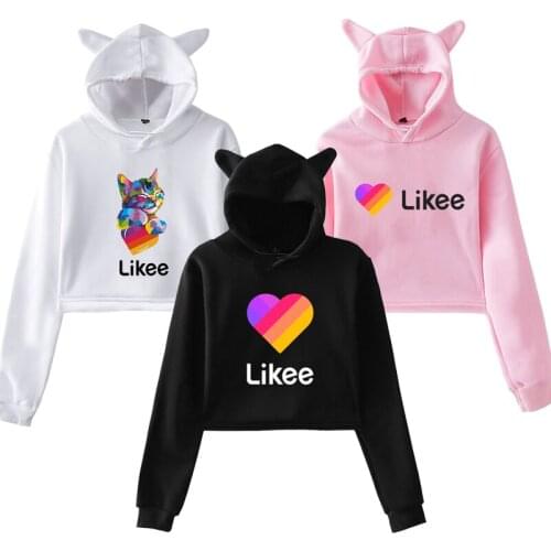 Russia Style Likee App Cat Ear Pink Hoodie LIKEE Hoodies Women Cat Crop Top Hoodie Female Rainbow Sweatshirt Streetwear Hip Hop