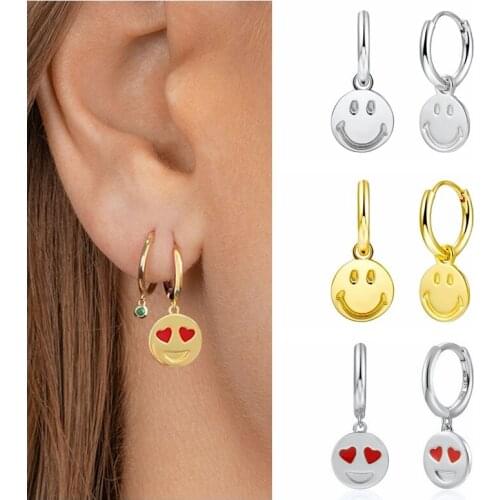 Korean Cute Girl Jewelry 925 Sterling Silver Ear Buckle Exquisite Smiley Face Pendant Hoop Earrings Fashion Women Birthday Gift