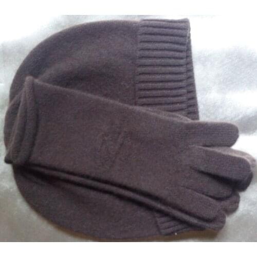 Specials 100%goat cashmere women hat gloves 2pcs/set black brown 2colors embossed M(54-56cm )