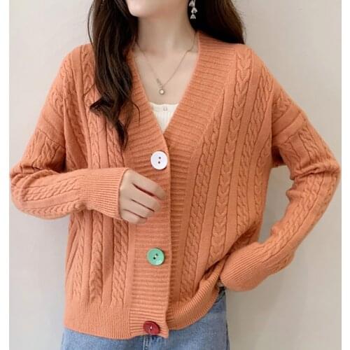 V Neck Cropped Cardigan Women Sweater Korean Casual Long Sleeve Twist Knitted Sweaters Coat 2021 Autumn Female Chic Button Tops