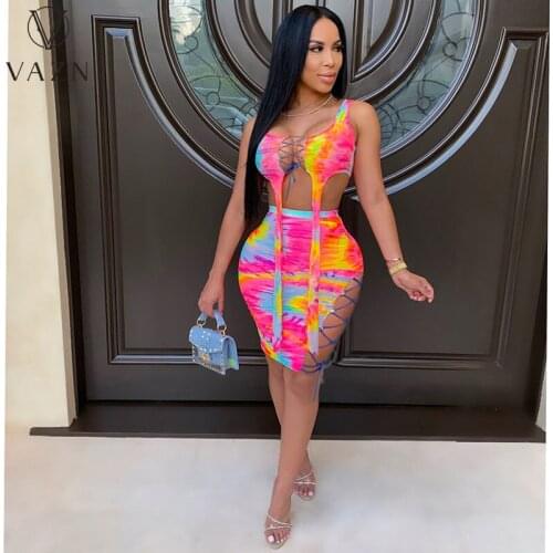 VAZN 2021 Hot Summer O-neck Sleeveless Tie Dye Print Short Pant Sexy Young High Waist Skinny Women 2 Piece Set
