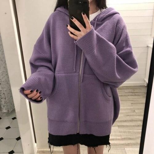 Womens Casual Big Pockets Long Sleeve Knitted Cardigans Coats Korean Stye Zipper Loose Warm Sweater Coat Woman Oversized Coat