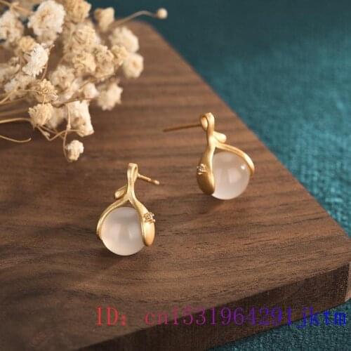 White Jade Bead Ear Studs 925 Silver Gemstone Gifts Zircon Chalcedony Earrings Women Fashion Amulet Crystal Jewelry Natural