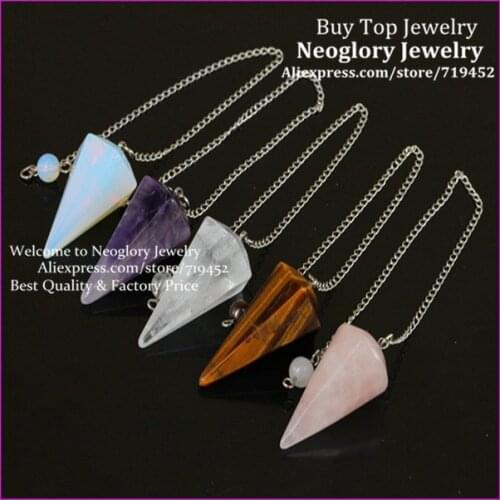 10PCS Beautiful Carved Faceted Mix stone Dowsing Pendulums, Energy Healing, Gem Pendulum Pendant Beads With Chain