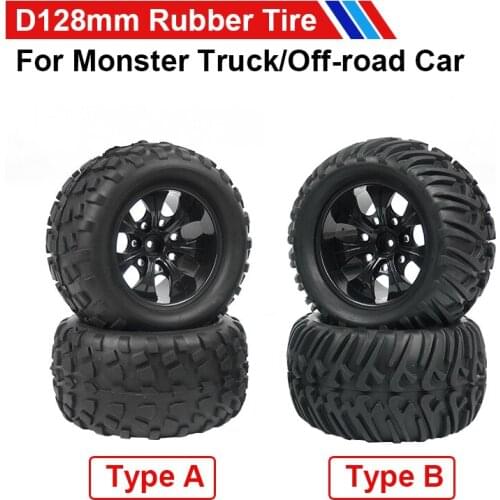 4PCS HSP Monster Truck Wheel Tires D128mm Rubber Tire 128*65mm Wheels in 12mm Hex Adapter for 1/10 94111 94188 Off-road RC Cars