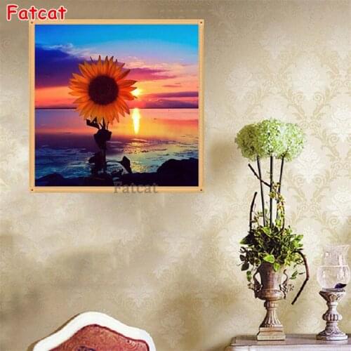 5D DIY Diamond Embroidery Seascape Sunset Over Sunflowers Full Square Round 3D Rhinestone Painting Kit Mosaic Home Decor PP1826