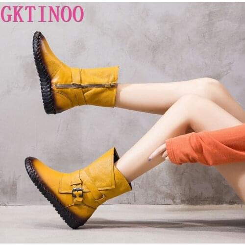 GKTINOO 2021 Womens Boots Winter Warm Leather Handmade Retro Flat Boots Flat Shoes Genuine Leather Boots for Women