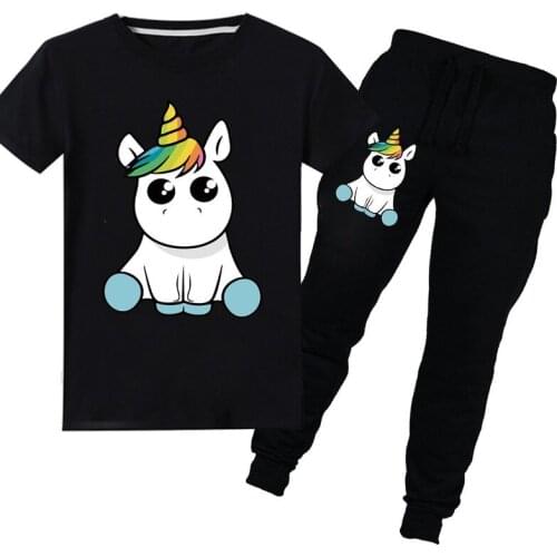 Unicorn cotton round neck T-shirt tops trousers suit European and American fashion cartoon sports casual boys and girls suit