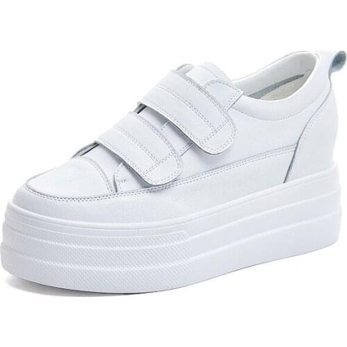 Krasovki 8cm Hook Loop Women Sneakers Platform Genuine Leather White Classical Slip on Spring Autumn Wedge Heel Shoes Vulcanzied